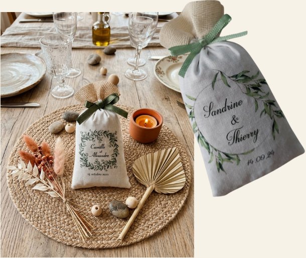 Sachets « Sandrine & Thierry » à couronne d'olivier sur une table bohème