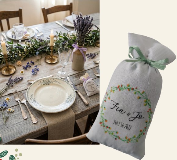 Table de campagne dressée avec un sachet de lavande « Fin & Jo » à couronne fleurie et ruban vert