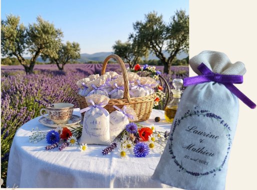 Table dans un champ de lavande et sachet « Laurine & Mathieu » au ruban violet