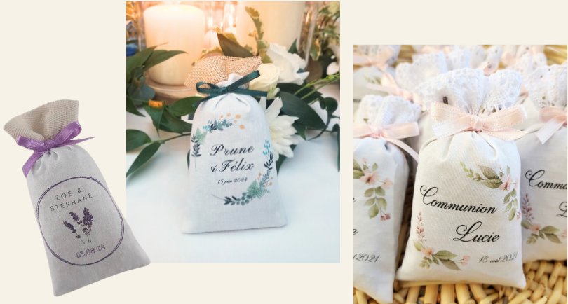 Exemples de sachets personnalisés : Zoé & Stéphane, Prune & Félix, Communion Lucie