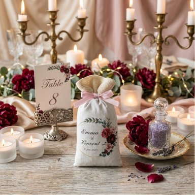 Sachet de lavande personnalisé sur une table de mariage aux chandeliers