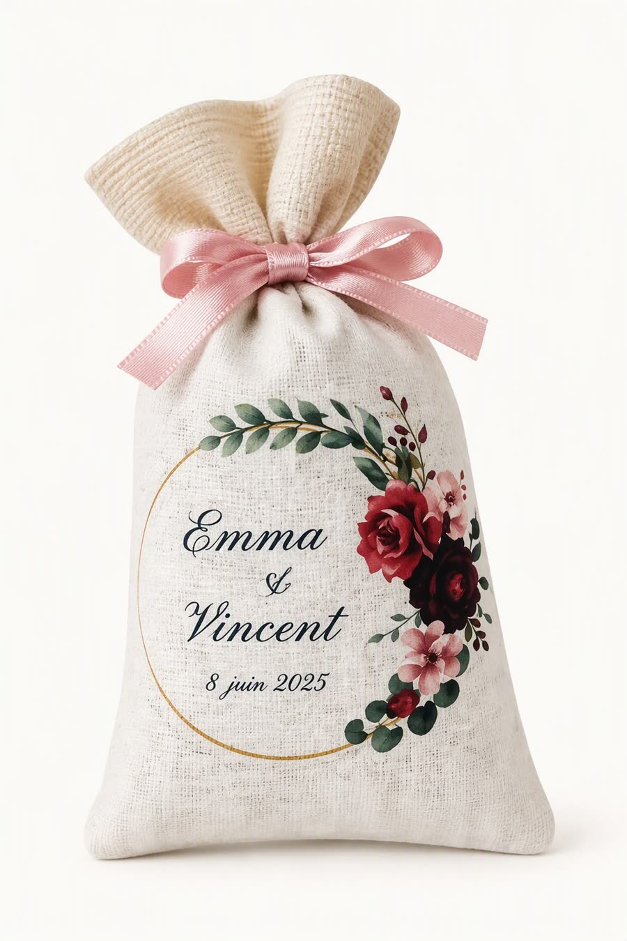 Sachet de lavande « Emma & Vincent 8 juin 2025 » à couronne de roses rouges et ruban rose poudré